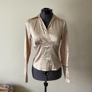 Y2K Vintage 00's Gold Satin Silky Long Sleeve Top | Size S